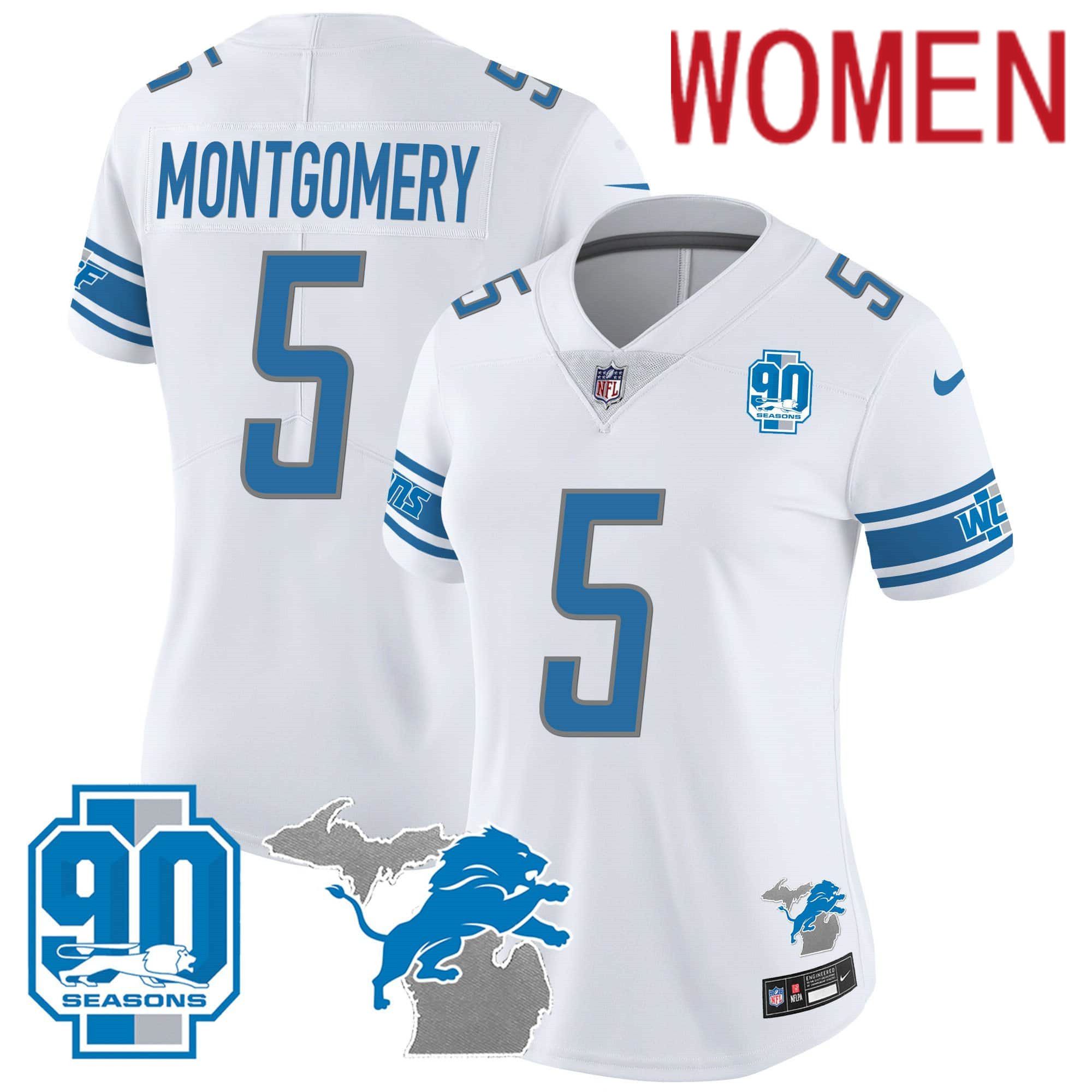 Women Detroit Lions #5 Montgomery White 2024 Nike 90th Year Michigan Patch Vapor NFL Jersey